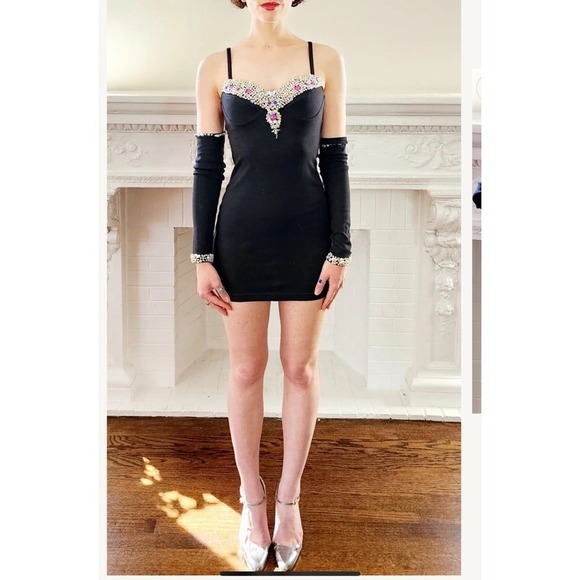 Vintage 90s Contempo Strappy Bodycon Mini Dress S Black Bejeweled Party Clubwear - Picture 1 of 16